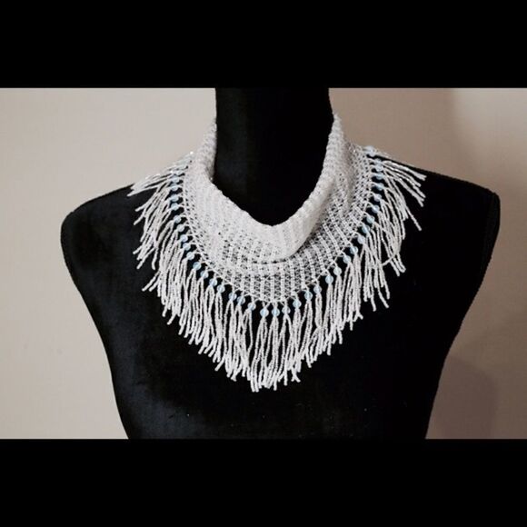 Handmade Bridal White Seed Bead Scarf Necklace | Fringe Beaded Choker Collar - Picture 6 of 7